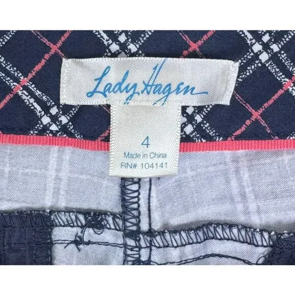Lady Hagen Long Shorts Navy Blue Pink Check Plaid Size 4 Cotton Spandex - Picture 4 of 10